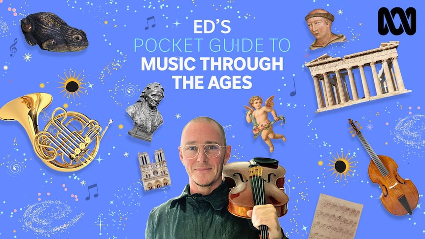 Ed Ayres holds a viola on his shoulder surrounded by objects from music history on a cosmic background.