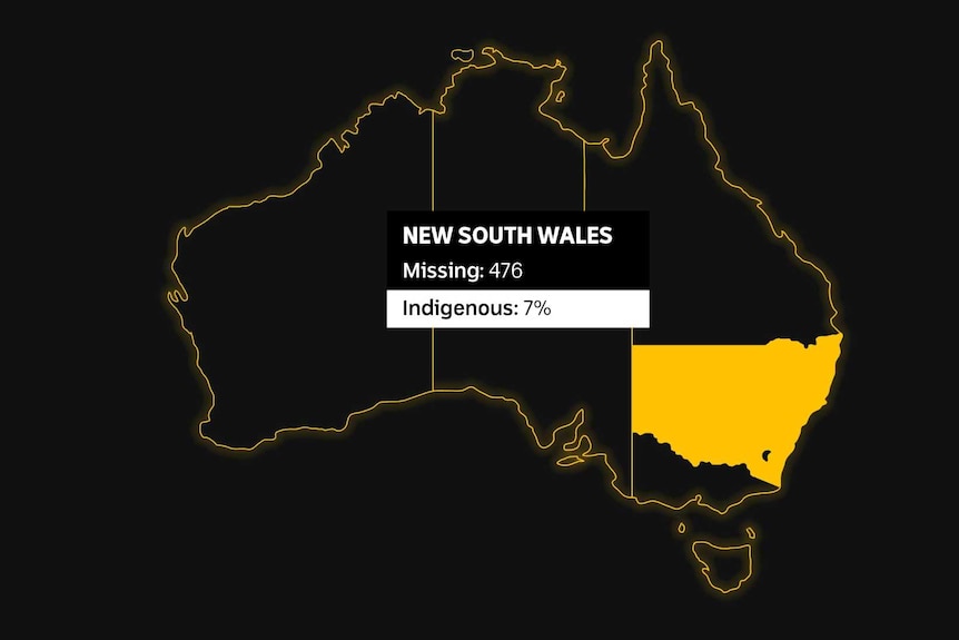 A black and yellow map of Australia shows 17.5 per cent of missing persons in WA are Indigenous.