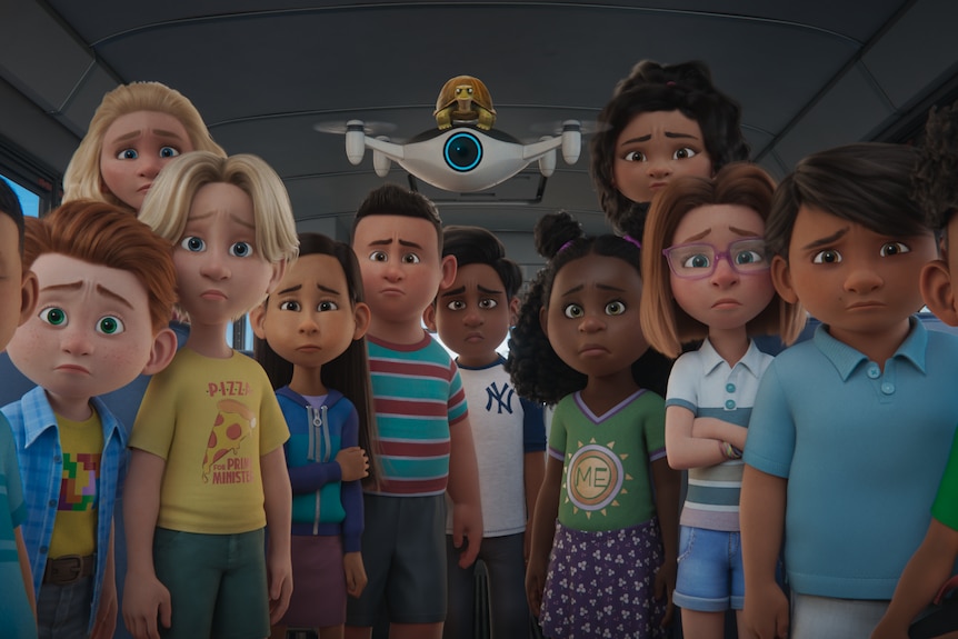 Still from an animated movie showing a classful of students gathered around as a total flies a drone.