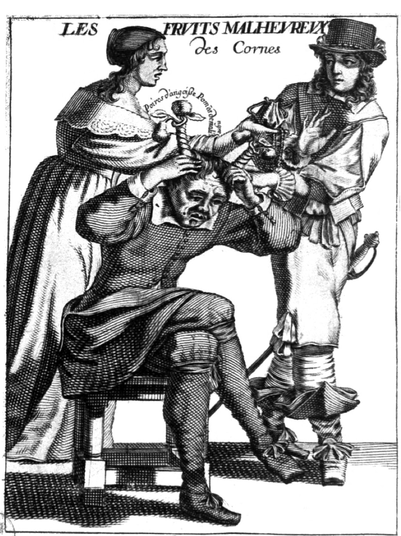 French engraving of a cuckolded husband wearing horns entitled "The Unhappy Fruits of the Horns".