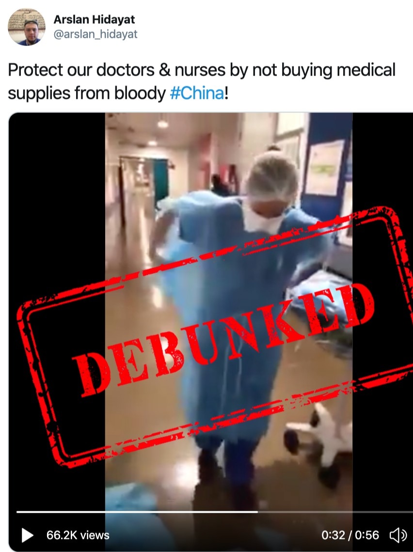 A Facebook post which claims disintegrating surgical gowns were made in China with a large debunked stamp on top