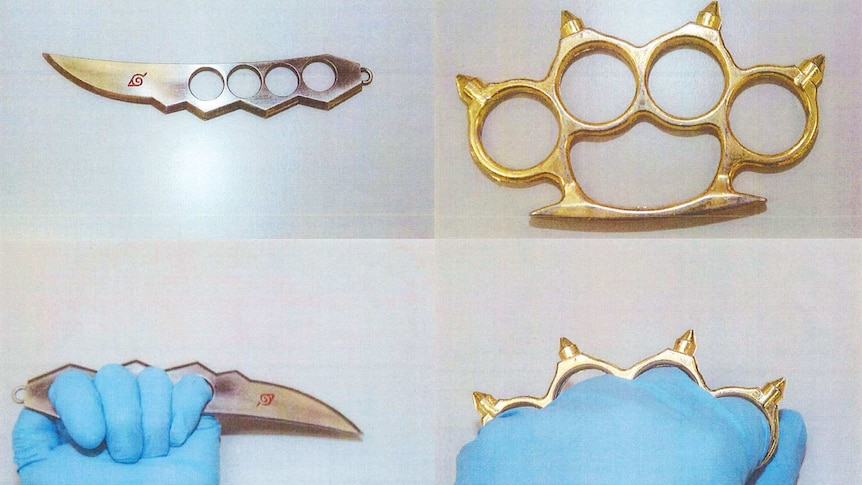 Composite of police evidence photos of a trench knife and a knuckle duster.