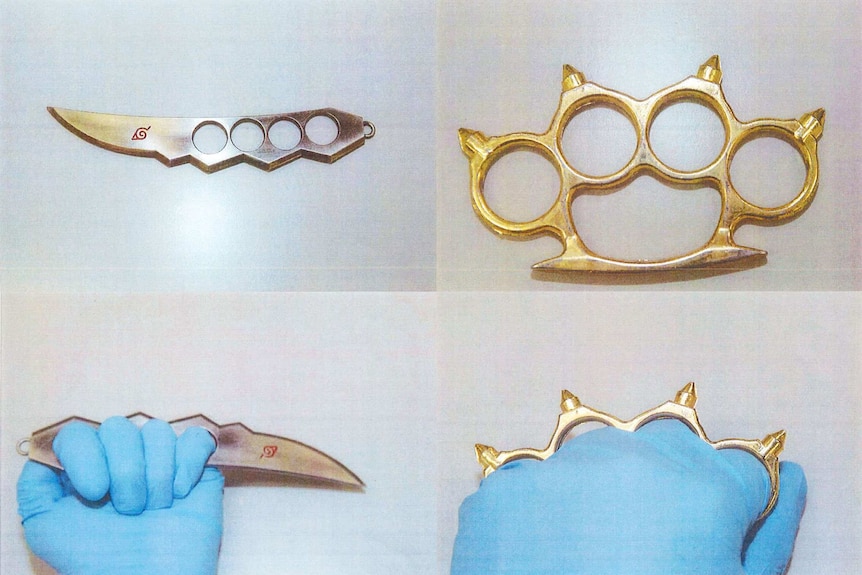 Composite of police evidence photos of a trench knife and a knuckle duster.