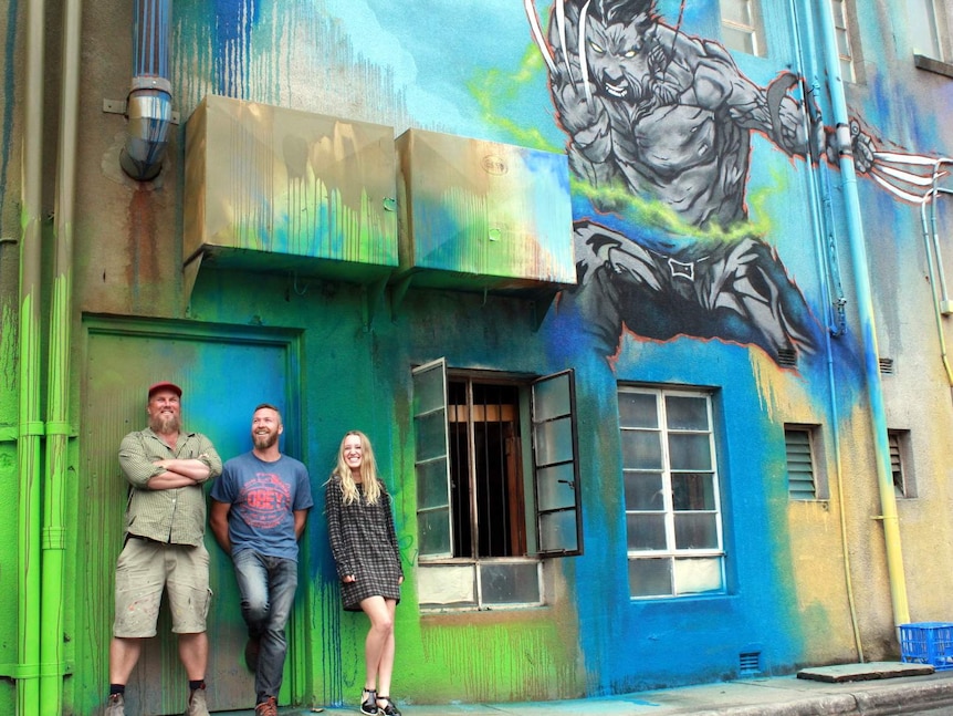 Byrd (aka Dan Maginnity), Geoff Filmer and Faith Kerehona in Tocumwal Lane, Canberra.