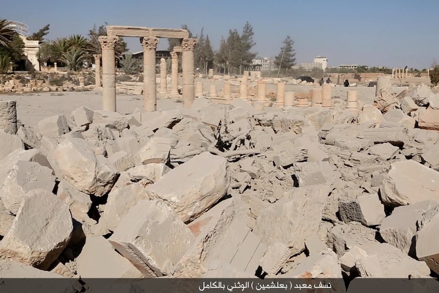 Rubble from the destruction of the Baal Shamin temple in Palmyra