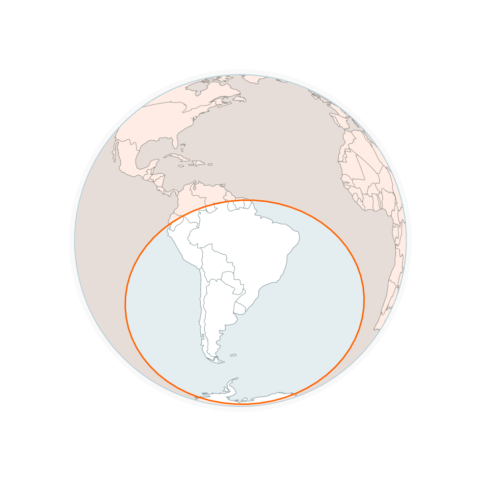 Red circle shows theoretical range of North Korea's space launch vehicles. South America is largely outside range