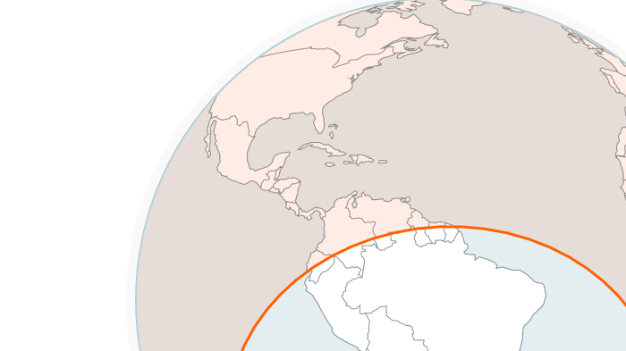 Red circle shows theoretical range of North Korea's space launch vehicles. South America is largely outside range