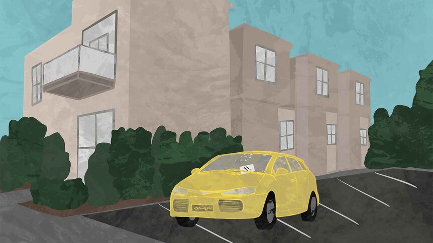 an illustration of a yellow car infront of a block of units