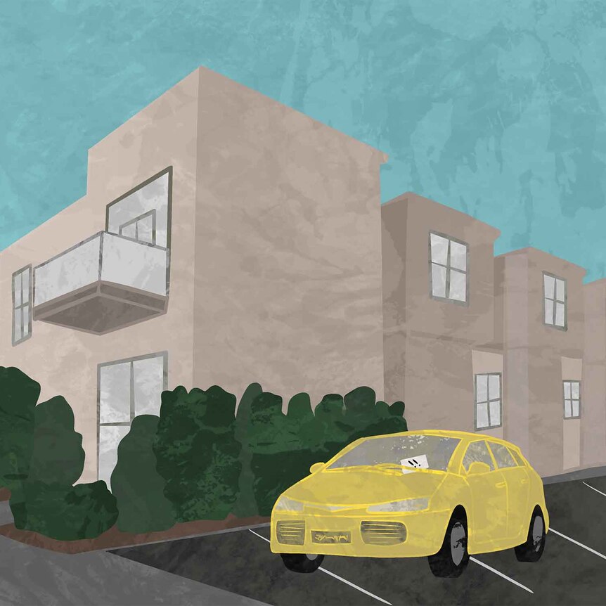 an illustration of a yellow car infront of a block of units
