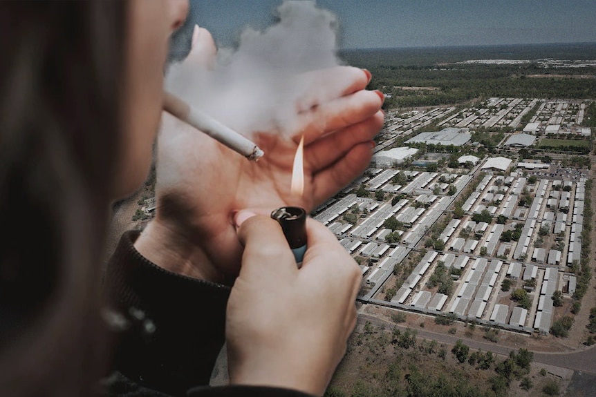 a woman smoking a cigarette over an aerial image of dwellings