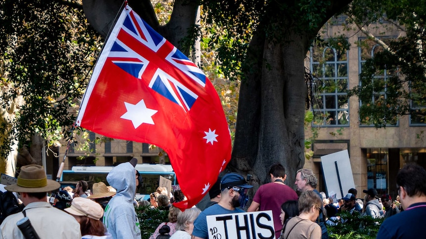 An Australian red ensign flag flies at a coronavirus rally, next to it a man holds a sign that says 'this is a psyop'
