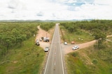 Drone photo of check point with along rural road.
