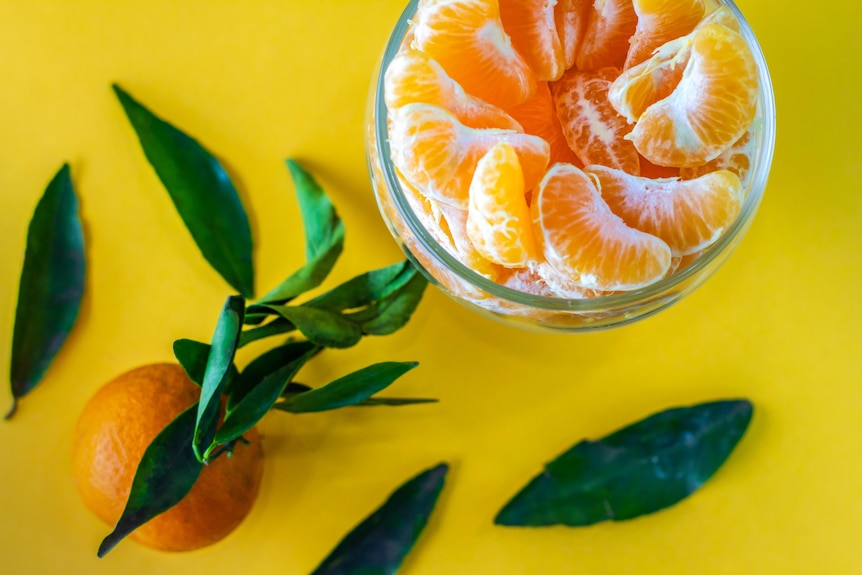 A bowl of mandarin segments on a yellow background.