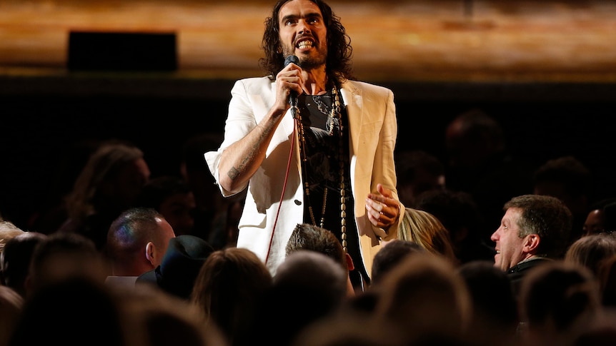 British comedian Russell Brand performs.