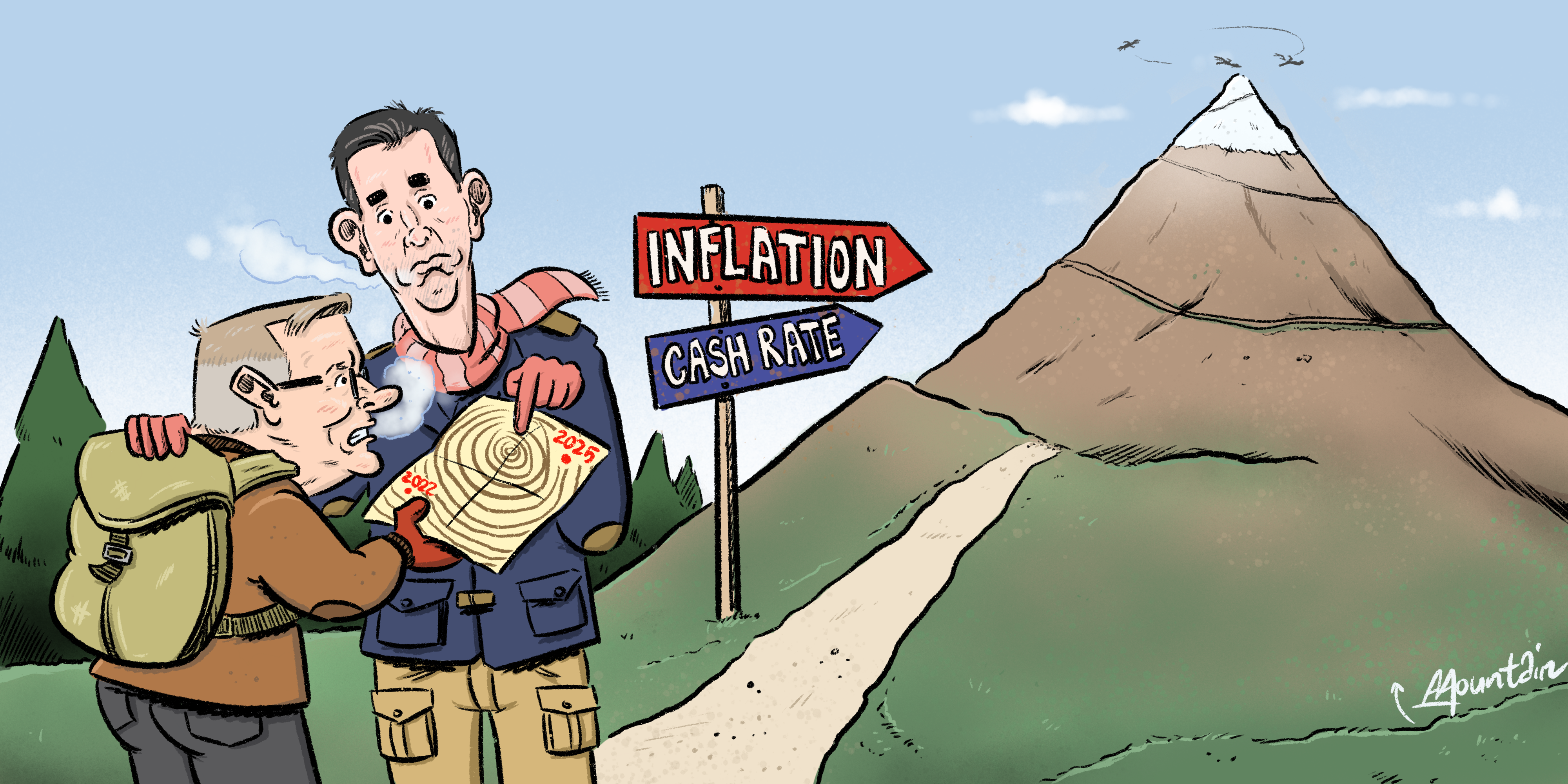 An illustration of an economist showing Albanese a map and Inflation and Cash Rate arrows pointing to the top of a mountain
