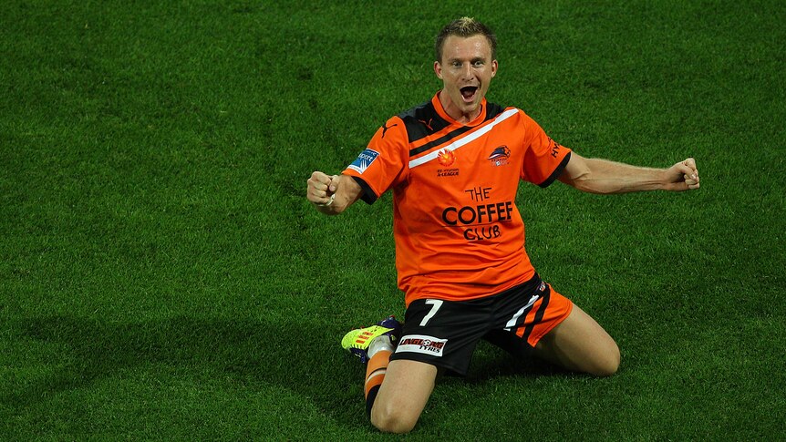 Try and stop me ... Besart Berisha celebrates one of his four goals against Adelaide United.