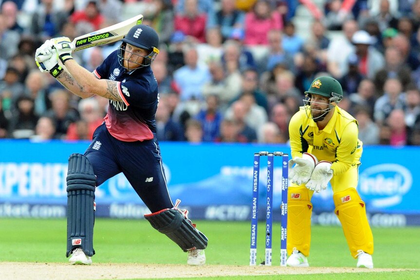 England's Ben Stokes hits a boundary against Australia in the Champions Trophy