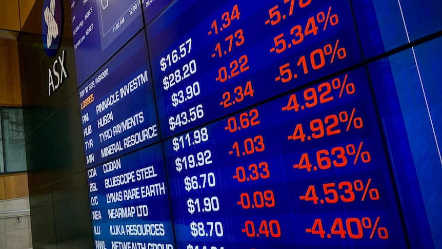 A giant screen at the ASX building in Sydney, displaying the worst performing stocks.