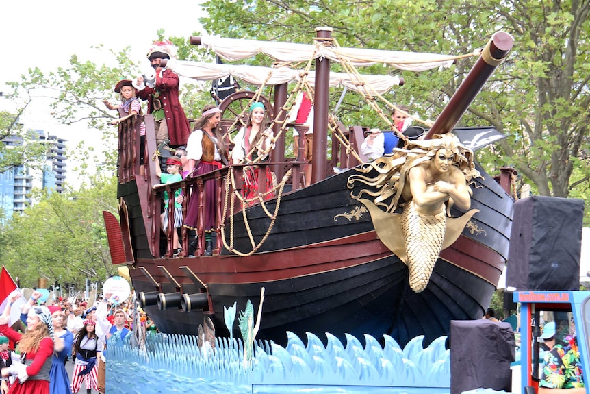 A pirate ship float designed by a Melbourne child at the Moomba parade in Melbourne on March 2016.