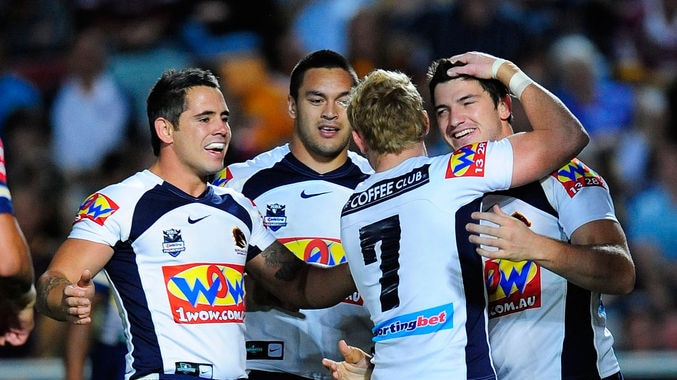 Young talent time...the Broncos celebrate young rookie Matt Gillett's (r) first try.