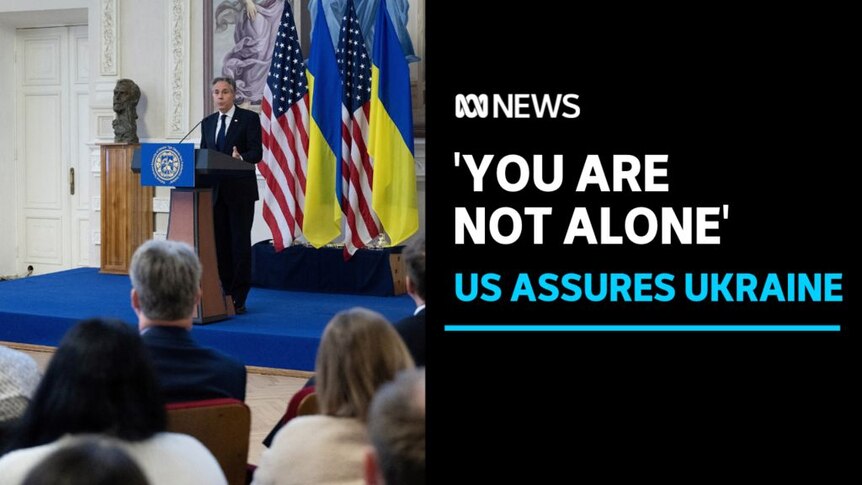 'You Are Not Alone', US Assures Ukraine: US Secretay of State Antony Blinken speaks at a podium backed by US and Ukrainian flags