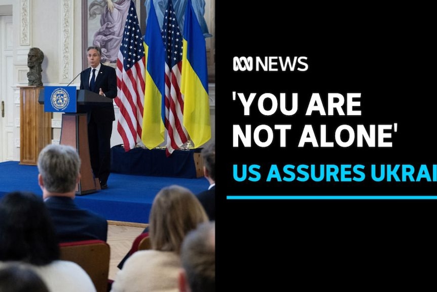 'You Are Not Alone', US Assures Ukraine: US Secretay of State Antony Blinken speaks at a podium backed by US and Ukrainian flags