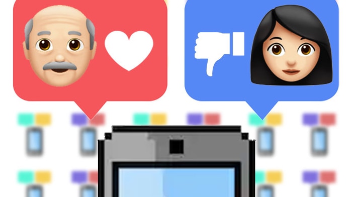 A graphic that shows a mobile phone and an emoji of an older man and a younger woman