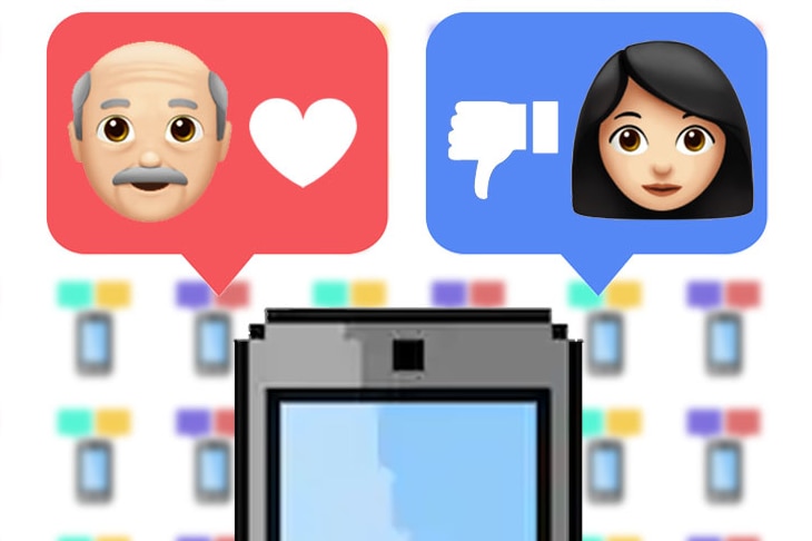 A graphic that shows a mobile phone and an emoji of an older man and a younger woman
