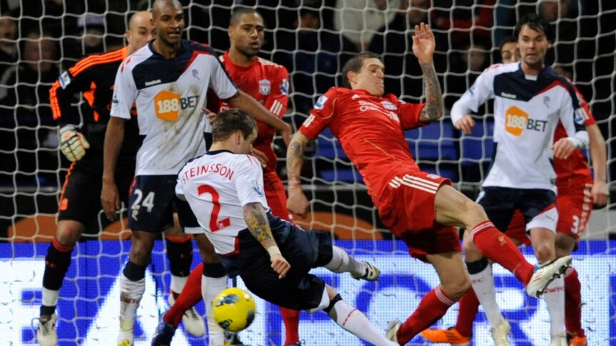 Bolton's Gretar Steinsson shoots to score Bolton's third as the Trotters move out of the relegation zone.