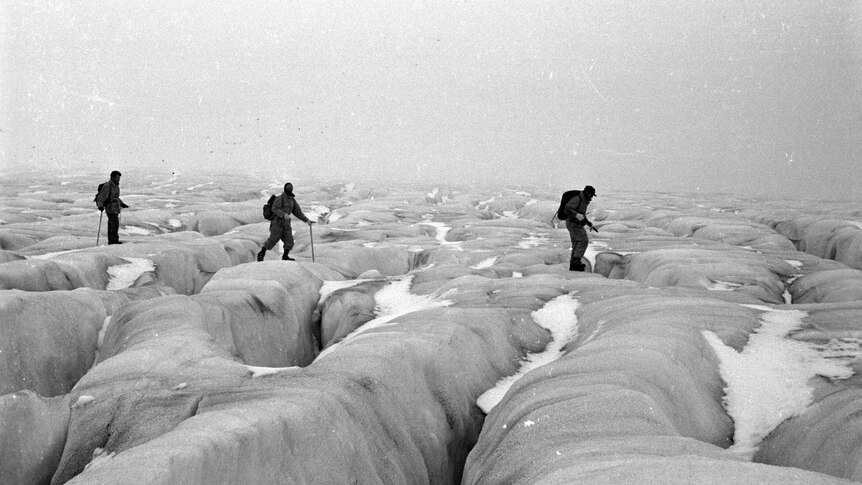 Expeditioners on a glacier in 1953