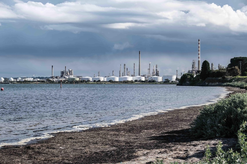 White silos and oil refinery towers are visible across a beach under grey, overcast skies.