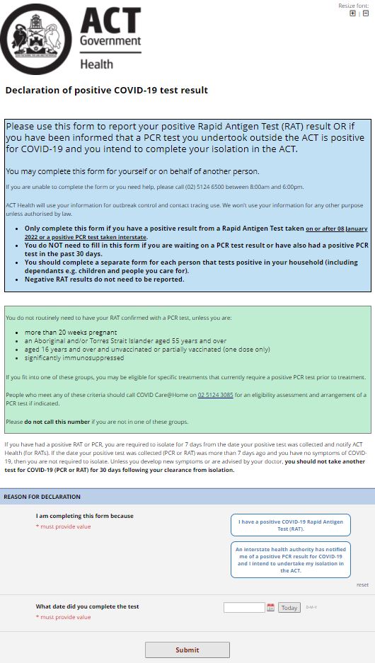 An online form, with an ACT government logo at the top.