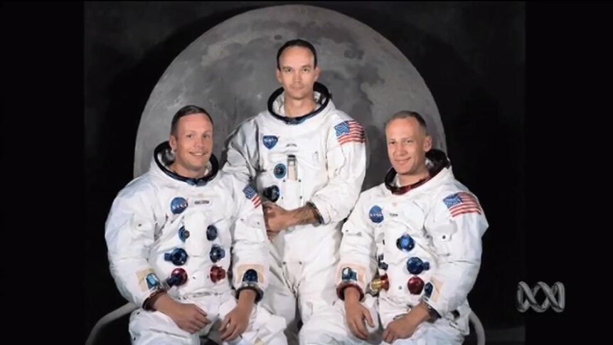 Portrait photo of Apollo 11 astronauts Neil Armstrong, Michael Collins and Buzz Aldrin in space suits