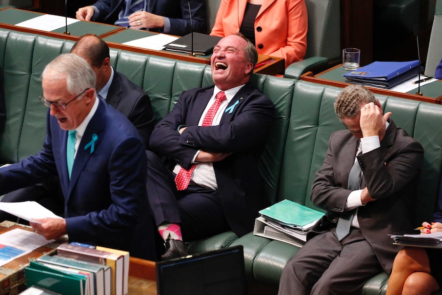 Barnaby Joyce laughs while Malcolm Turnbull speaks