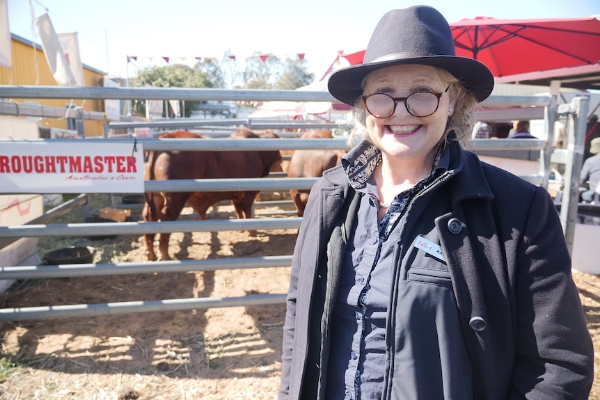 A woman stands in front of a droughtmaster bull in steel cattle yards.