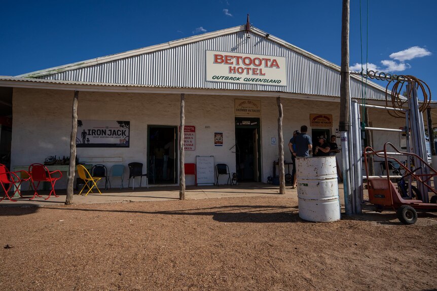 Looking up at Betoota Hotel shed and sign
