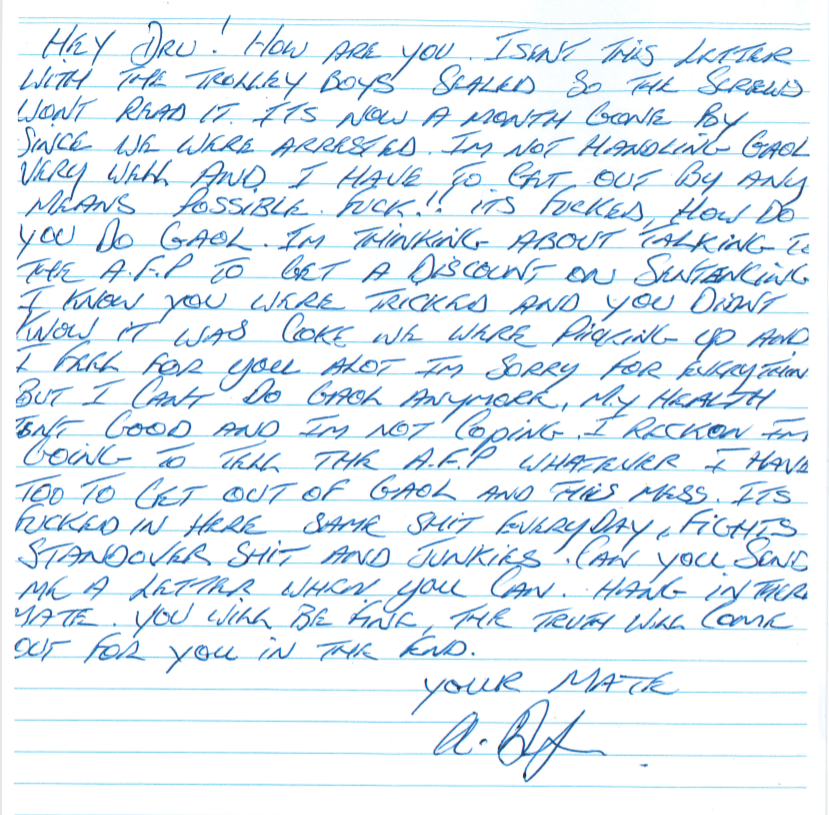 A letter written to Dru Baggaley.