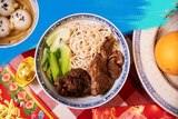An illustration of a bowl of long-life noodles, also known as yi mien or e-fu noodles for a story about Lunar New Year.