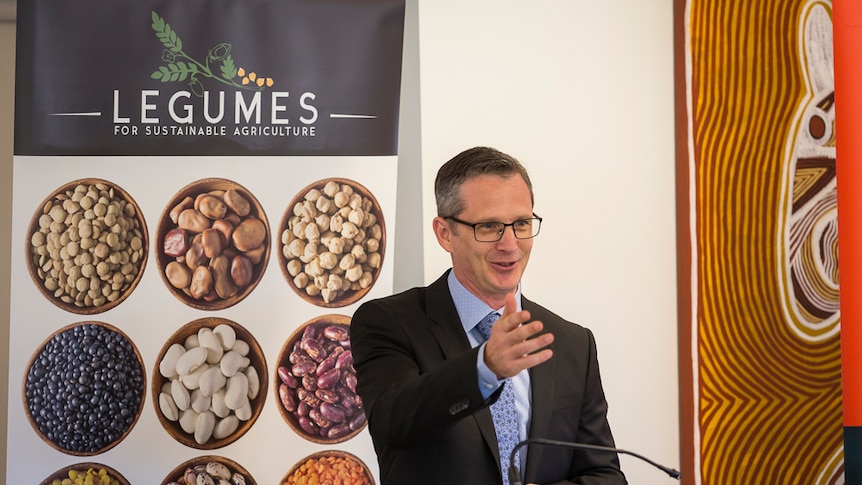 Poster of legumes with man speaking from lectern.