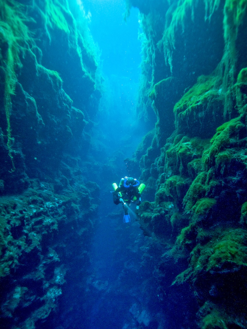 A scuba diver floats along a crystal clear water channel, algae covered walls either side.