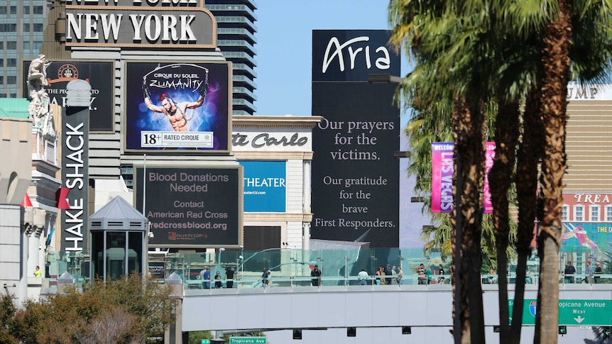 A sign outside the Aria resort reads "Our prayers for the victims, our gratitude for the brave first responders"
