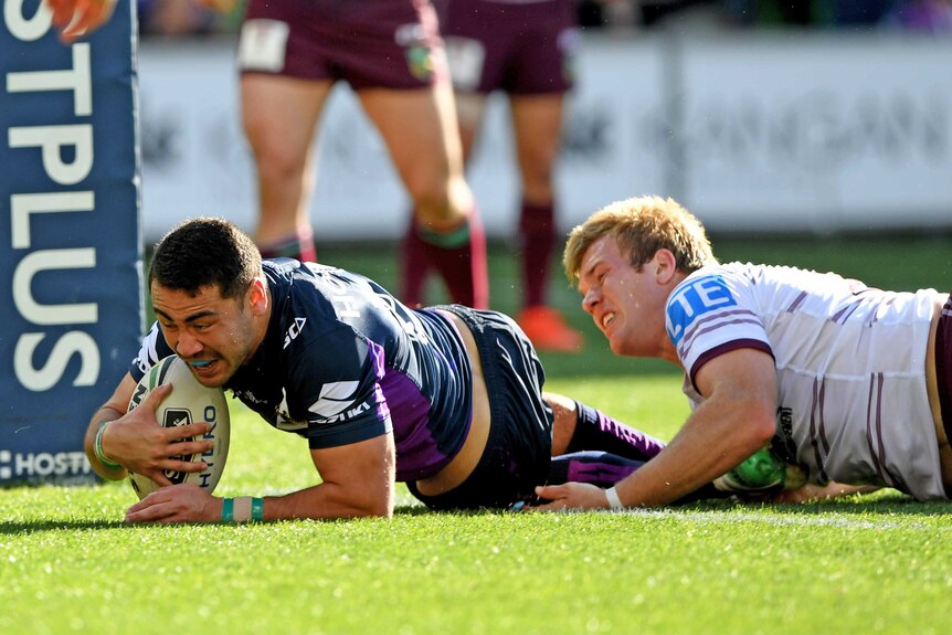 Nelson Asota-Solomona of the Storm scores the side's first try.