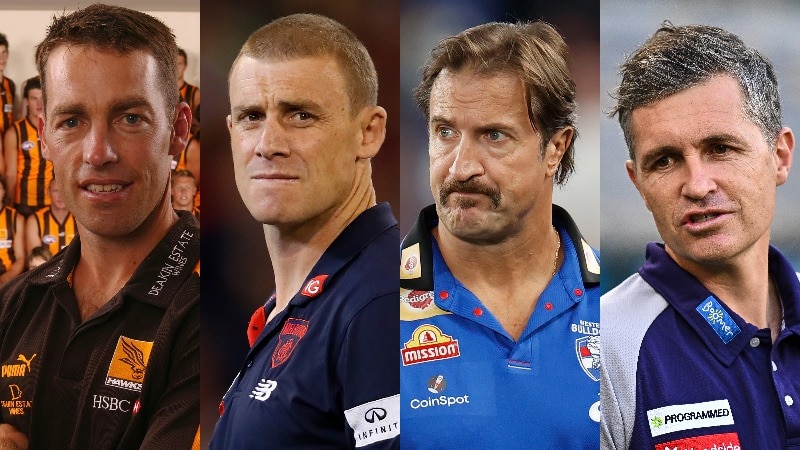 A composite photo of four current and former AFL coaches — Alastair Clarkson, Simon Goodwin, Luke Beveridge and Justin Longmuir.