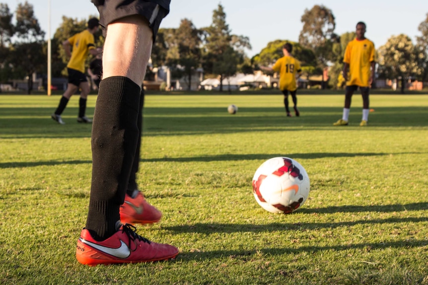 Foot about to kick a soccer ball.