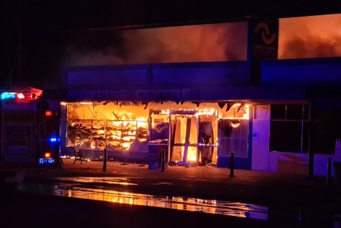 The Bruce Rock supermarket ablaze.