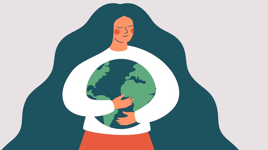 Illustration of a girl hugging the Earth. The Earth is so small she can wrap her arms around it. She is smiling calmly.