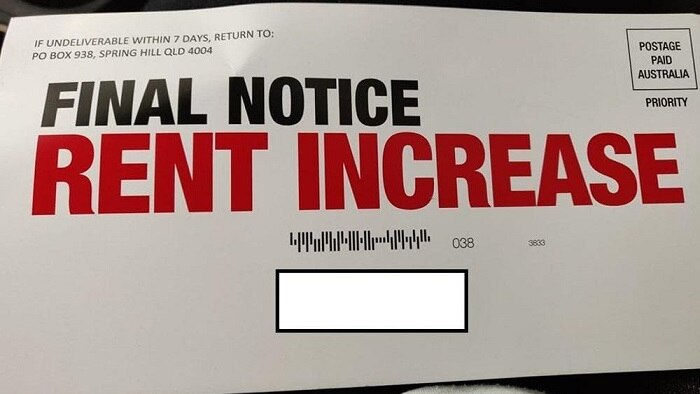 An envelope that reads "final notice, rent increase" in huge red lettering