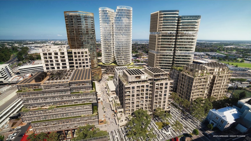 Skyscrapers, tall office buildings and tree-lined streets in central Dandenong