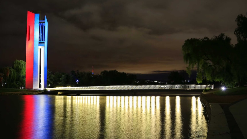 National Carillon in Canberra lit up in support of Paris
