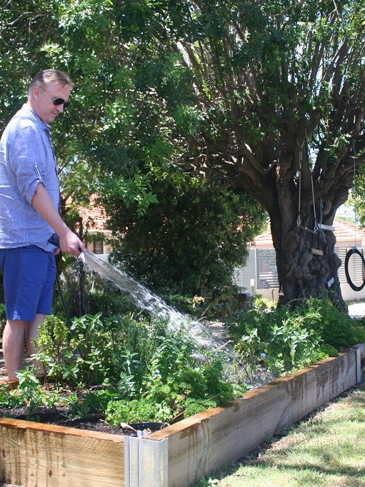 Man stands hosing a raised garden bed on a footpath.